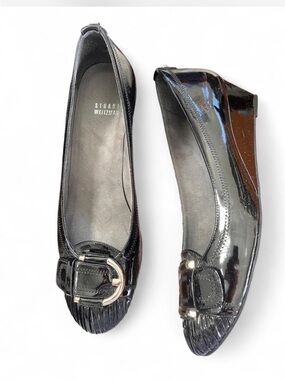 Stuart Weitzman Black Patent Leather Pleated Toe Wedge Pumps size 10